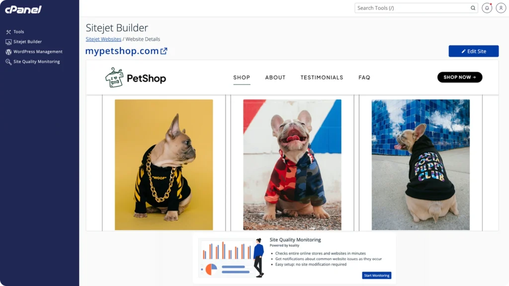 Sitejet Website Builder integrated in cPanel