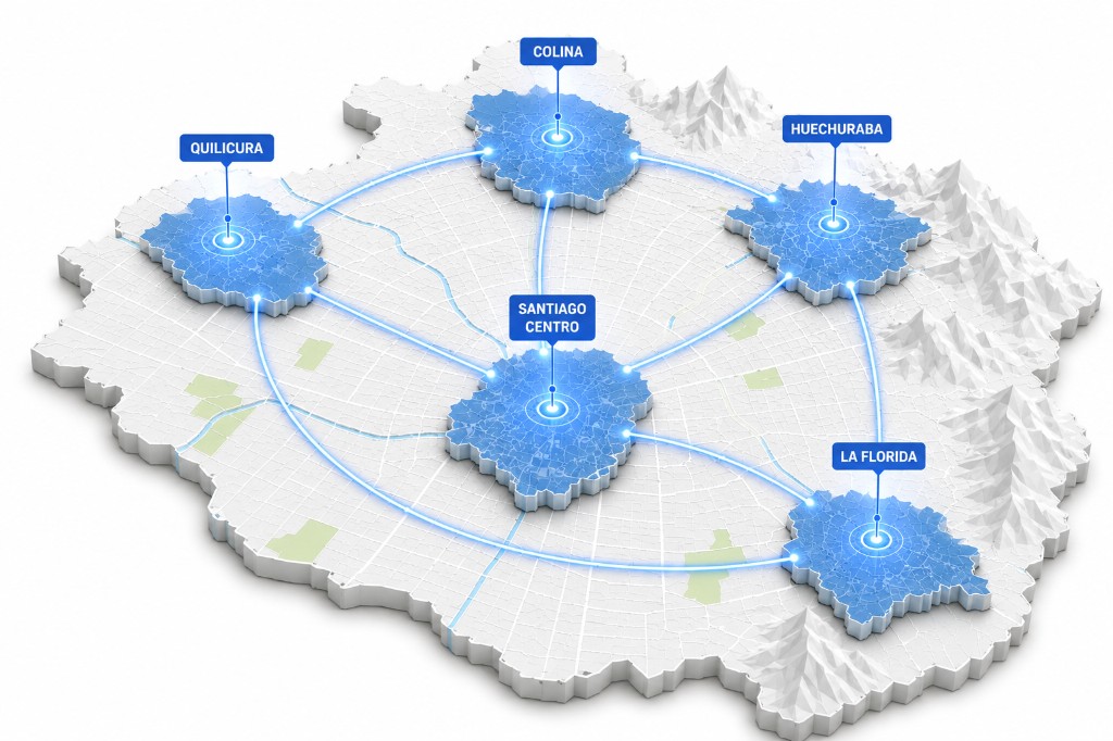3D network map of Santiago, Chile, showing interconnected data center locations in Colina, Quilicura, Huechuraba, Santiago Centro, and La Florida.